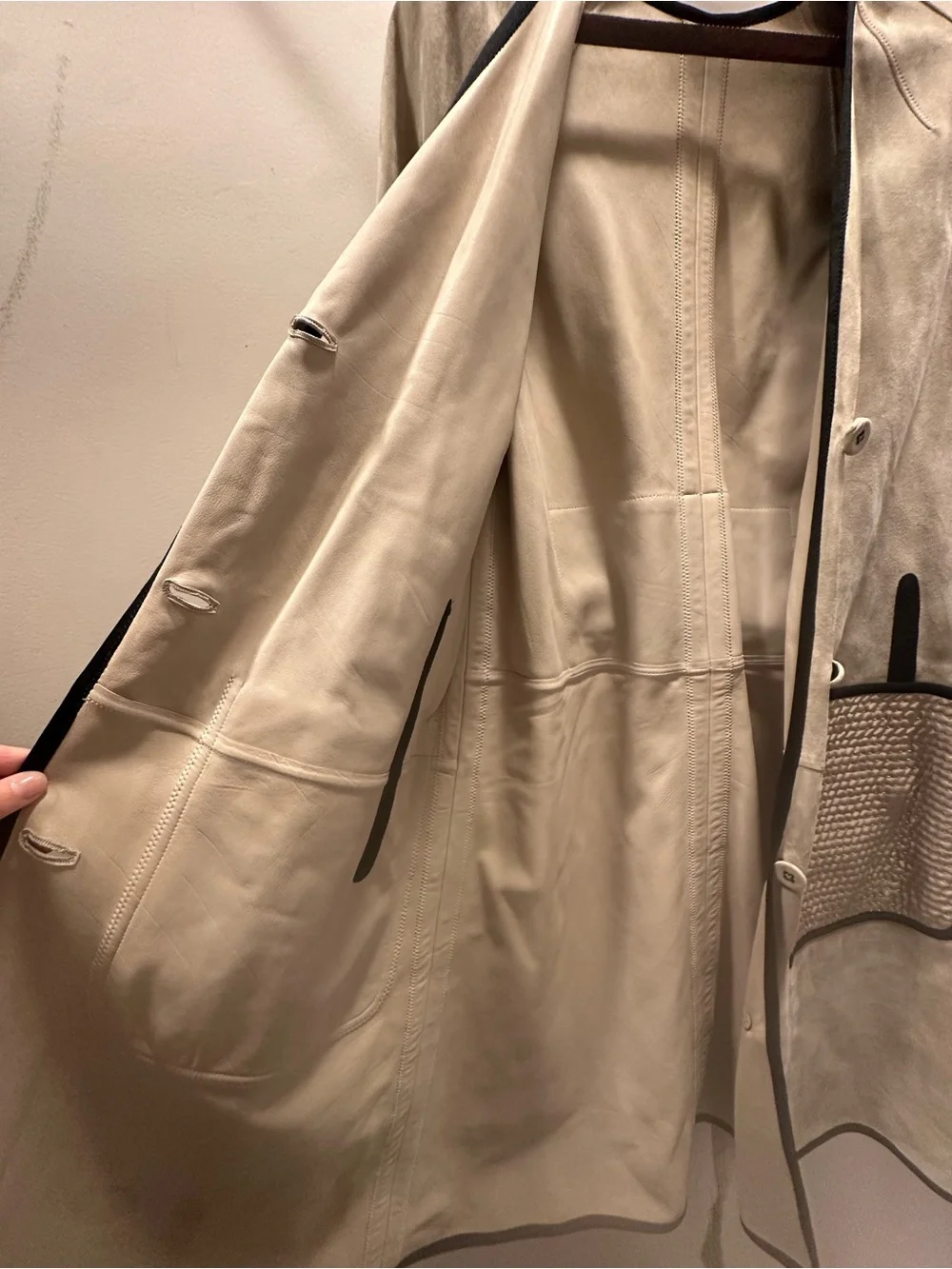 Bottega Veneta Cream Suede Trench Coat with Dark Trim